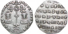 Byzantine Emipre. Basil II Bulgaroktonos, with Constantine VIII. 976-1025. AR Miliaresion (20mm, 2.30g). Constantinople mint. ЄҺ TOVTω ҺICAT ЬASILЄI C...