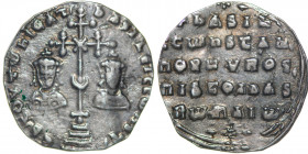 Byzantine Emipre. Basil II Bulgaroktonos, with Constantine VIII. 976-1025. AR Miliaresion (21mm, 2.22g). Constantinople mint. ЄҺ TOVTω ҺICAT ЬASILЄI C...
