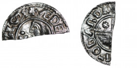 England. Aethelred II. 978-1016. AR Half Penny (10mm, 0.67g, 3h). Crux type (BMC iiia, Hild. C). Barnstaple mint; moneyer Ælfsige(?). Struck circa 991...