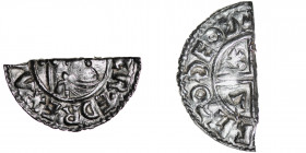 England. Aethelred II. 978-1016. AR Half Penny (10.5mm, 0.84g). Crux type (BMC iiia, Hild. C). Thetford mint; moneyer Beorhtric(?). Struck circa 991-9...