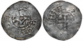 France. Metz. Otto I 936-73. AR Denar (22.5 mm, 1.55g). [OT]TOR [EX], carolus monogram / [DEODERICVS], cross with pellets in angles. Dbg. 1399/1400 (R...