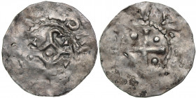 France. Metz. Otto I (936-973) and Bishop Dietrich I (965-984). AR Denar (22.5 mm, 1.55g). Obverse reversed [SA]NCT[VS PETRVS], carolus monogram / Rev...