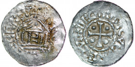 France. Diocese of Metz. Theodoric II. 1004-1046. AR Denar (23mm, 1.45g). Cross with pellet in each angle / Temple on columns, E inside. Dbg. 19-20 va...