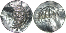 Germany. Duchy of Saxony. Bernard II 1011-59. AR Denar (19mm, 0.97g). Jever mint. Blurred legends, bearded head / Blurred legends, church flag. Dbg. 5...