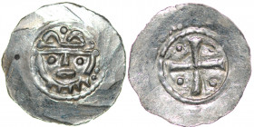 Germany. Duchy of Saxony. Hermann 1059-1086. AR Denar (19mm, 0.63g). Jever mint. Crowned head facing / Cross with pellets in each angle. Dbg. 597; Klu...