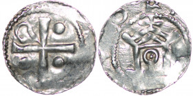 Germany. Duchy of Saxony. Worms. Otto III 983-1002. AR Denar (15.5mm, 0.91g). Cross in angels 3 pellets and crosier / Church facade, annulet in center...