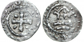 Germany. Mainz(?). Otto III 983-1002. AR Denar (18mm, 0.79g). Mainz mint. Cross with pellets in each angle / Church facade. Dbg. 777 var (?). Very Fin...