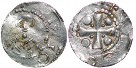 Germany. Mainz. Heinrich II 1002-1024. AR Denar (18mm, 1.43g). [__]MIO[__], bust facing / [__]EO[__], cross with pellets in each angle. Dbg. 802 var.;...