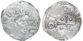 Germany. Duchy of Franconia. Otto III 983-1002. AR Denar (18mm, 1.45g). Würzburg mint. S KILIANV, bust of St. Kilian right / [+ OTT]O [IM] PE, cross w...