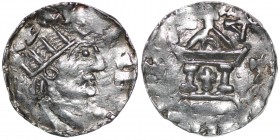 Germany. Duchy of Swabia. Heinrich II 1002-1024. AR Denar (18mm, 1.22g). Strasbourg mint. [HIENRICVISR]EX, crowned head right / A[RCENT[_], church wit...