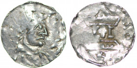 Germany. Duchy of Swabia. Heinrich II 1002-1024. AR Denar (19mm, 1.24g). Strasbourg mint. [HIENRI]CV[ISREX], crowned head right / [ARGE]N[TIN]A, churc...