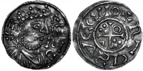 Germany. Duchy of Bavaria. Heinrich III 1039-1042. AR Denar (20mm, 1.57g). Regensburg mint. Crowned bearded bust right, left IR +, right C ИI RI C / +...