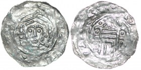 Germany. Duchy of Bavaria. Henry IV 1056-65. AR Denar (20mm, 0.53g). Regensburg mint. Crowned bust facing / Church façade, two domed side towers. Hahn...