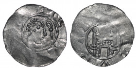 The Netherlands. Tiel. Heinrich IV 1056-1106. AR Denar (20mm, 1.10g). [+]IICIN[•RIV•S], head right crosier in front / [__]EVPTI[__], building. Dbg. 12...