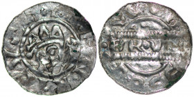 The Netherlands. Friesland. Bruno III 1038-1057. AR Denar (16mm, 0.54g). Dokkum mint. [+HENR]ICVS[ RE], crowned head right, cross-tipped scepter befor...