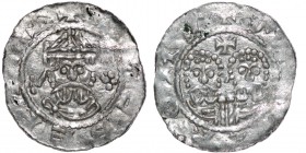The Netherlands. Friesland. Ekbert II 1068-1077. AR Denar (17mm, 0.52g). Stavoren mint. Crowned bearded bust facing / Two adjacent busts facing (Saint...