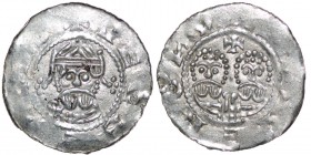 The Netherlands. Friesland. Ekbert II 1068-1077. AR Denar (18mm, 0.60g). Staveron mint. +VECBE[R__], crowned bearded bust facing / [_STA]VEROИV, two a...