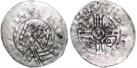 Uncertain. Imitation of Cnut the Great Pointed Helmet type (BMC xiv, Hild. G)? 1016-1035. AR Penny (19mm, 0.94g). Uncertain mint. Degenerated bust rig...