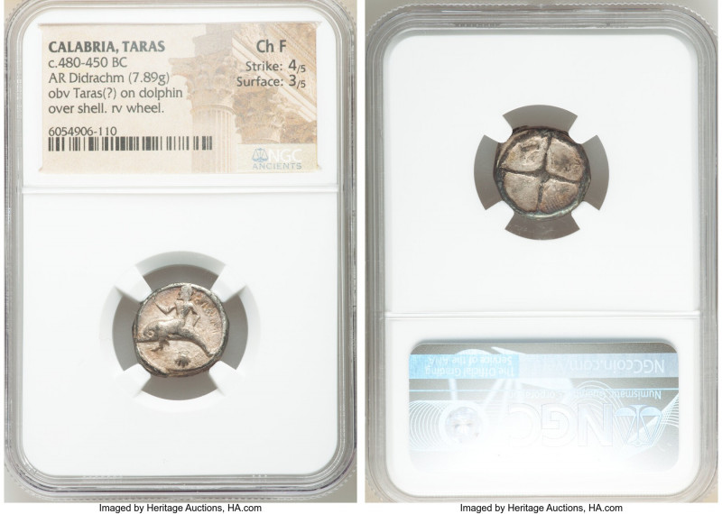 CALABRIA. Tarentum. Ca. 480-450 BC. AR didrachm (17mm, 7.89 gm). NGC Choice Fine...