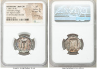 BRUTTIUM. Croton. Ca. 480-430 BC. AR stater (22mm, 7.60 gm, 12h). NGC XF 5/5 - 2/5, smoothing. ϘPO, tripod with leonine feet; heron standing left to r...