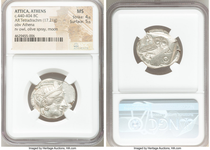 ATTICA. Athens. Ca. 440-404 BC. AR tetradrachm (25mm, 17.21 gm, 7h). NGC MS 4/5 ...