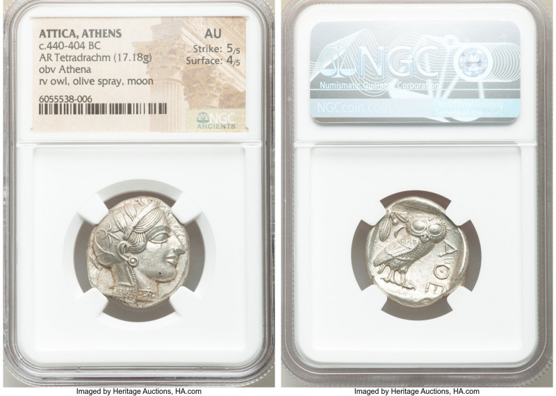 ATTICA. Athens. Ca. 440-404 BC. AR tetradrachm (24mm, 17.18 gm, 1h). NGC AU 5/5 ...