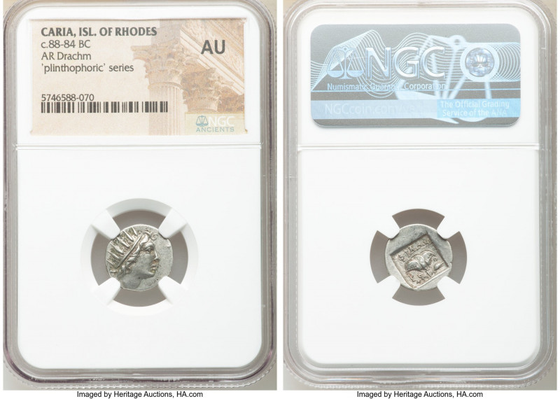 CARIAN ISLANDS. Rhodes. Ca. 88-84 BC. AR drachm (14mm, 11h). NGC AU. Plinthophor...