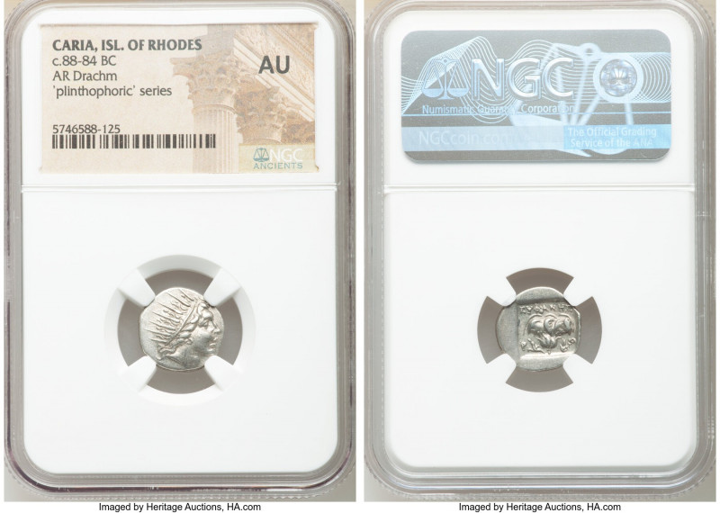 CARIAN ISLANDS. Rhodes. Ca. 88-84 BC. AR drachm (14mm, 12h). NGC AU. Plinthophor...