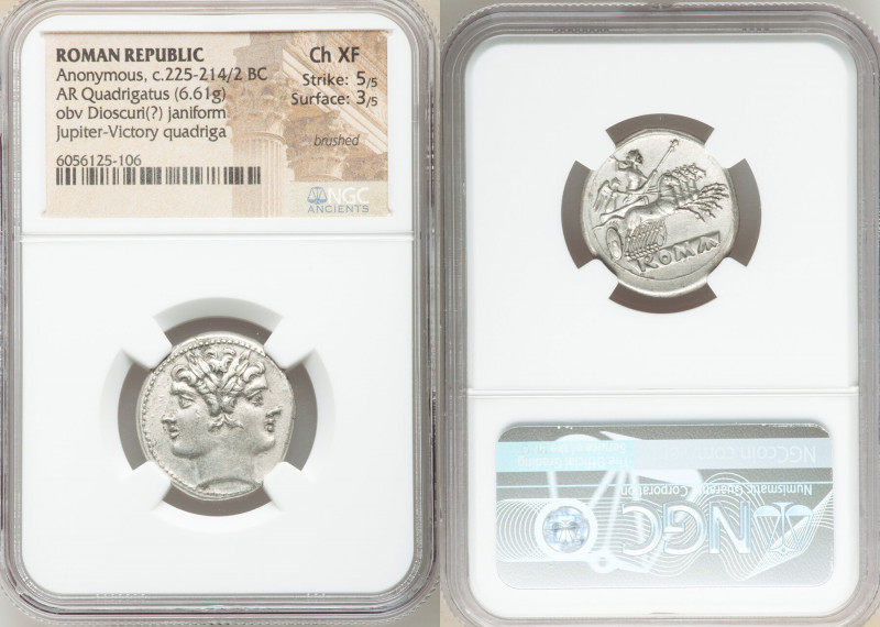 Anonymous. Ca. 225-214/2 BC. AR didrachm or quadrigatus (23mm, 6.61 gm, 5h). NGC...