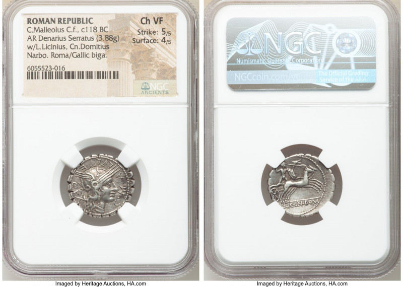 C. Malleolus C. f. (118 BC). AR serrate denarius (21mm, 3.88 gm, 12h). NGC Choic...