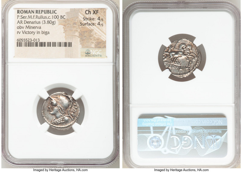 P. Servilius M.f. Rullus (100 BC). AR denarius (20mm, 3.80 gm, 7h). NGC Choice X...