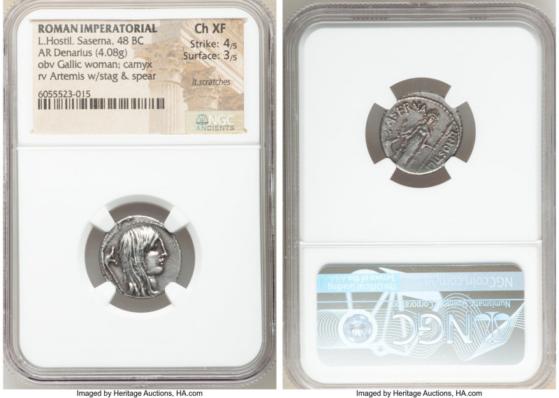 L. Hostilius Saserna (48 BC). AR denarius (18mm, 4.08 gm, 7h). NGC Choice XF 4/5...