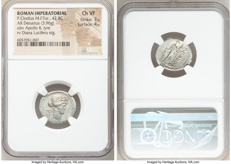 P. Clodius M.f. Turrinus (42 BC). AR denarius (19mm, 3.96 gm, 7h). NGC Choice VF...