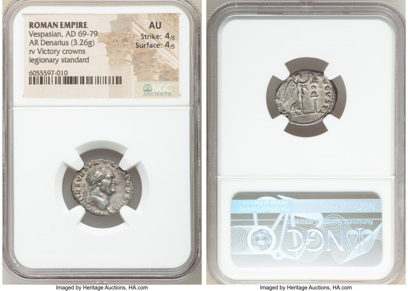 Vespasian (AD 69-79). AR denarius (17mm, 3.26 gm, 6h). NGC AU 4/5 - 4/5. Rome, A...