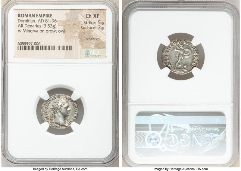 Domitian (AD 81-96). AR denarius (18mm, 3.53 gm, 6h). NGC Choice XF 5/5 - 3/5, s...