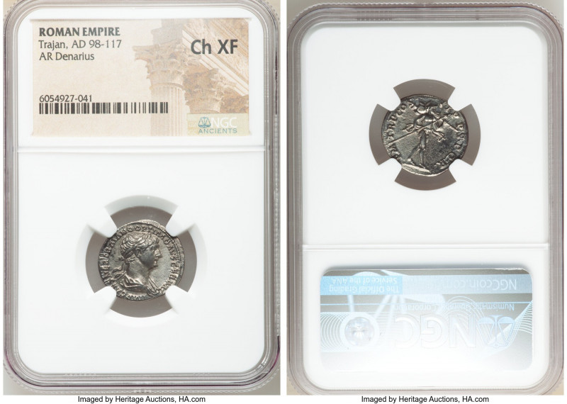 Trajan (AD 98-117). AR denarius (18mm, 7h). NGC Choice XF. Rome, AD 114-117. IMP...