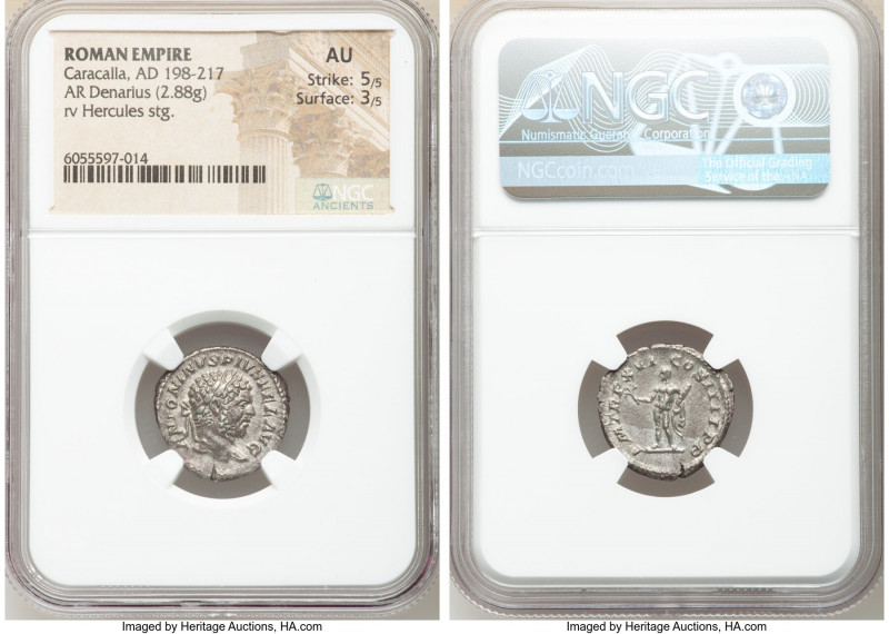 Caracalla (AD 198-217). AR denarius (17mm, 2.88 gm, 12h). NGC AU 5/5 - 3/5. Rome...