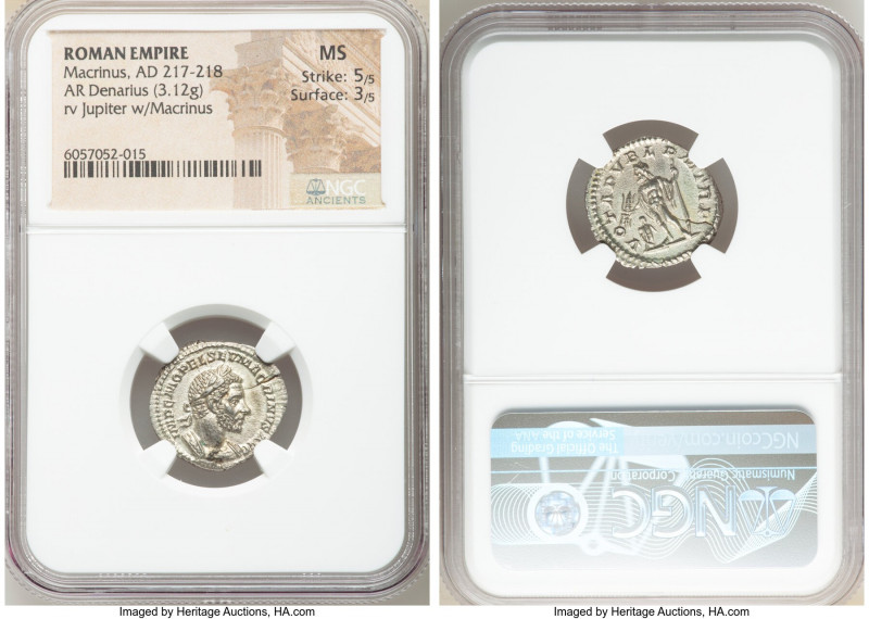 Macrinus (AD 217-218). AR denarius (18mm, 3.12 gm, 5h). NGC MS 5/5 - 3/5. Rome, ...