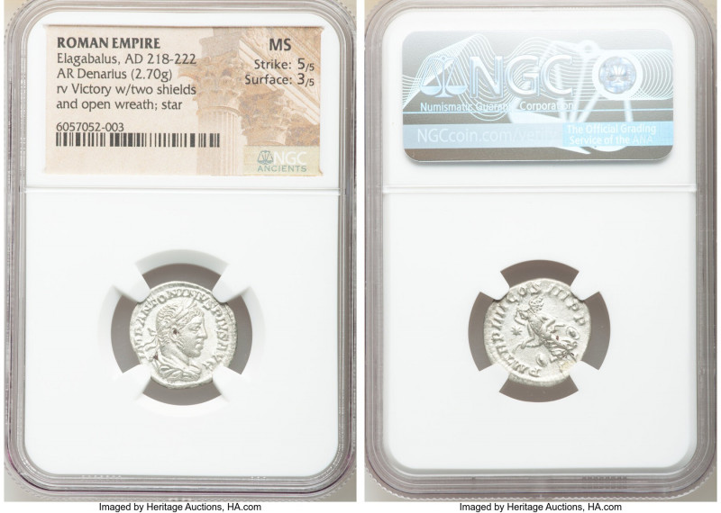 Elagabalus (AD 218-222). AR denarius (17mm, 2.70 gm, 11h). NGC MS 5/5 - 3/5. Rom...