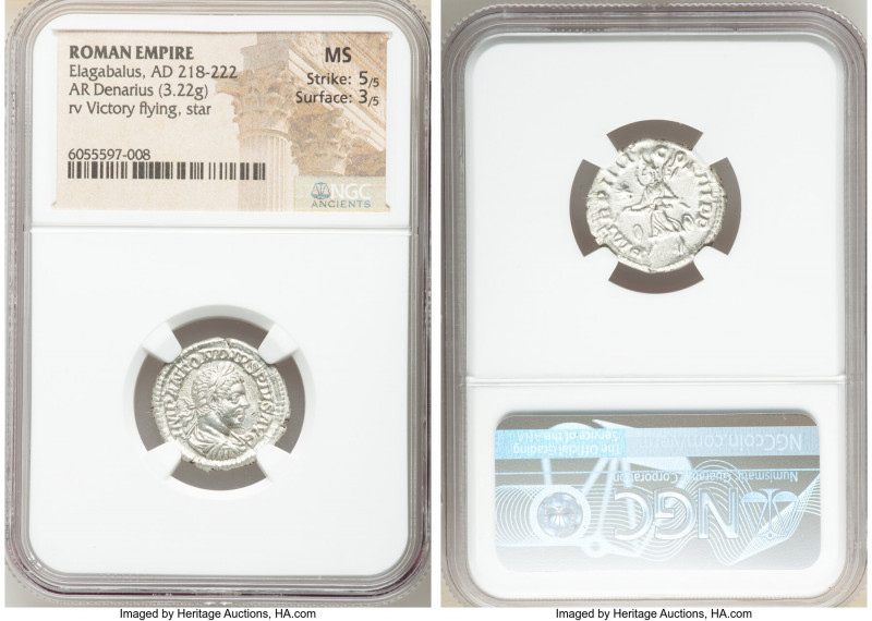 Elagabalus (AD 218-222). AR denarius (19mm, 3.22 gm, 6h). NGC MS 5/5 - 3/5. Rome...