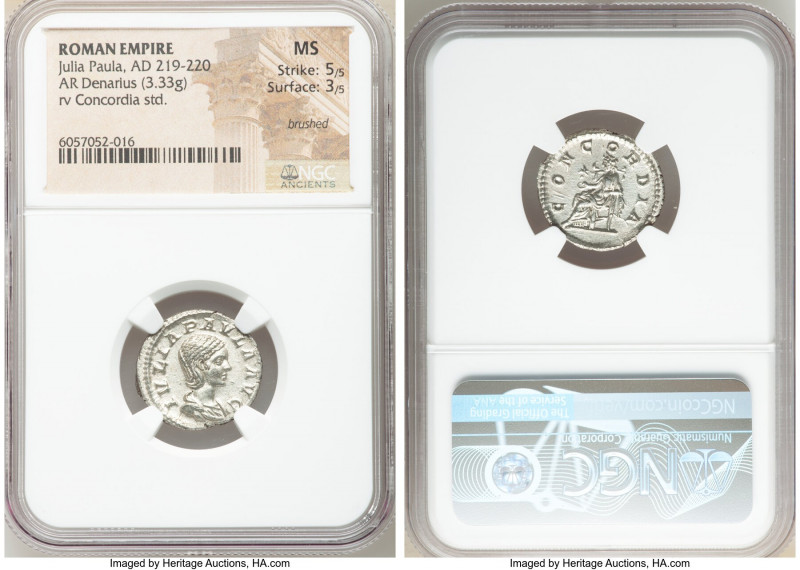 Julia Paula (AD 219-220). AR denarius (18mm, 3.33 gm, 6h). NGC MS 5/5 - 3/5, bru...