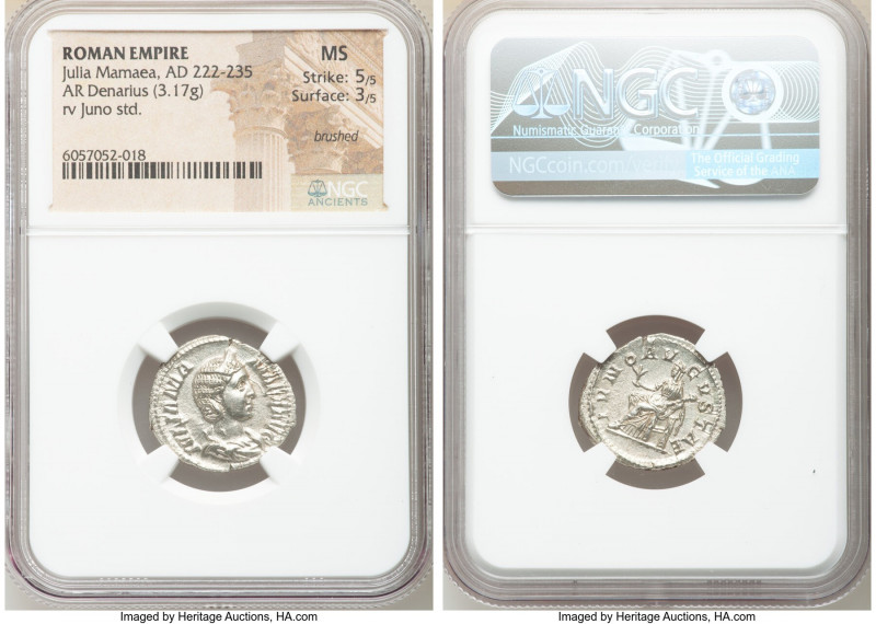 Julia Mamaea (AD 222-235). AR denarius (20mm, 3.17 gm, 1h). NGC MS 5/5 - 3/5, br...