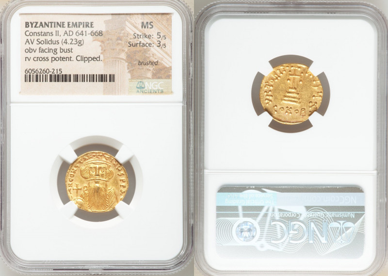 Constans II Pogonatus (AD 641-668). AV solidus (19mm, 4.23 gm, 6h). NGC MS 5/5 -...