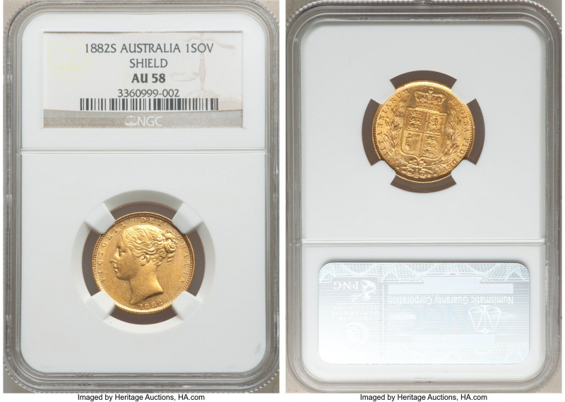 Victoria gold "Shield" Sovereign 1882-S AU58 NGC, Sydney mint, KM6.

HID098012...