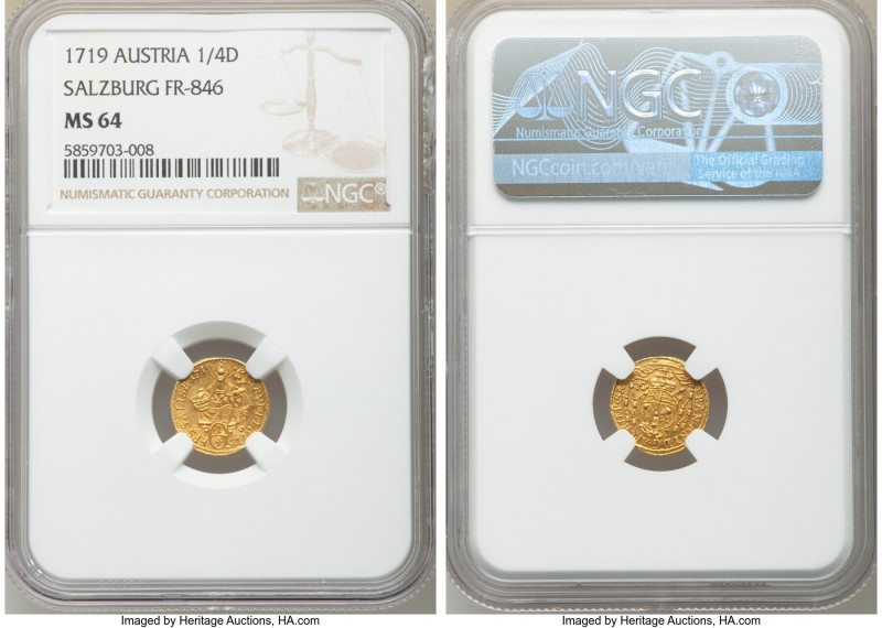 Salzburg. Franz Anton gold 1/4 Ducat 1719 MS64 NGC, KM297, Fr-846. Cardinals hat...