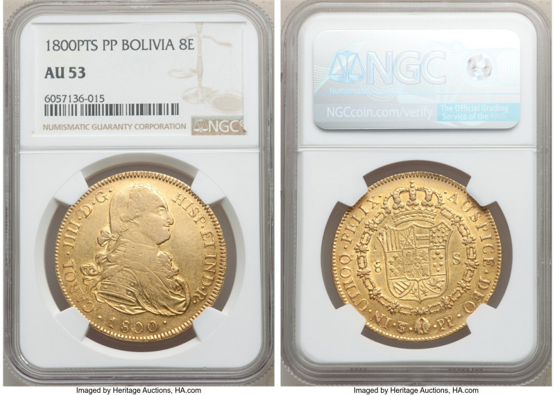 Charles IV gold 8 Escudos 1800 PTS-PP AU53 NGC, Potosi mint, KM81. Peripheral to...