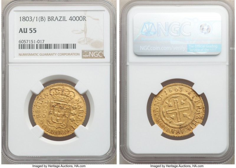 Maria I gold 4000 Reis 1803/1-(B) AU55 NGC, Bahia mint, KM225.2 (unlisted overda...