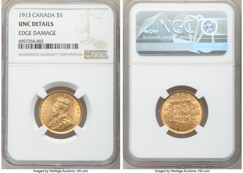 George V gold 5 Dollars 1913 UNC Details (Edge Damage) NGC, Ottawa mint, KM26. A...