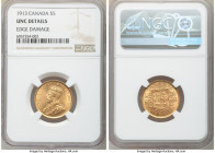 George V gold 5 Dollars 1913 UNC Details (Edge Damage) NGC, Ottawa mint, KM26. AGW 0.2419 oz. 

HID09801242017

© 2020 Heritage Auctions | All Rig...