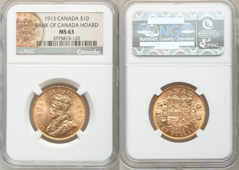 George V gold 10 Dollars 1913 MS63 NGC, Ottawa mint, KM27. Beautiful luster with...